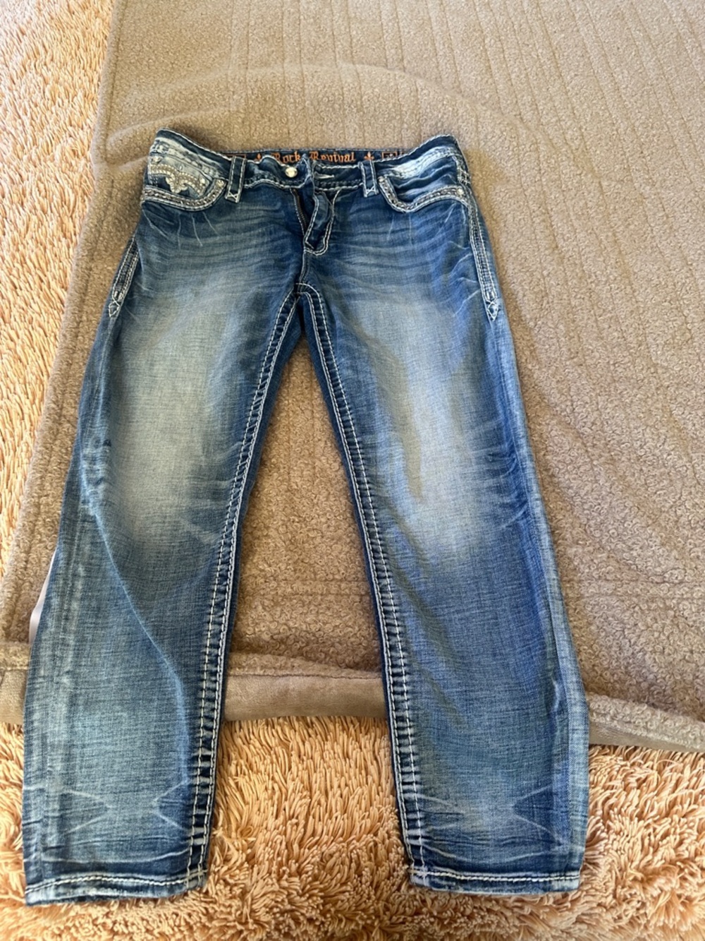 Rock Revival Faded Blue Boyfriend Jeans with Contrast Stitching